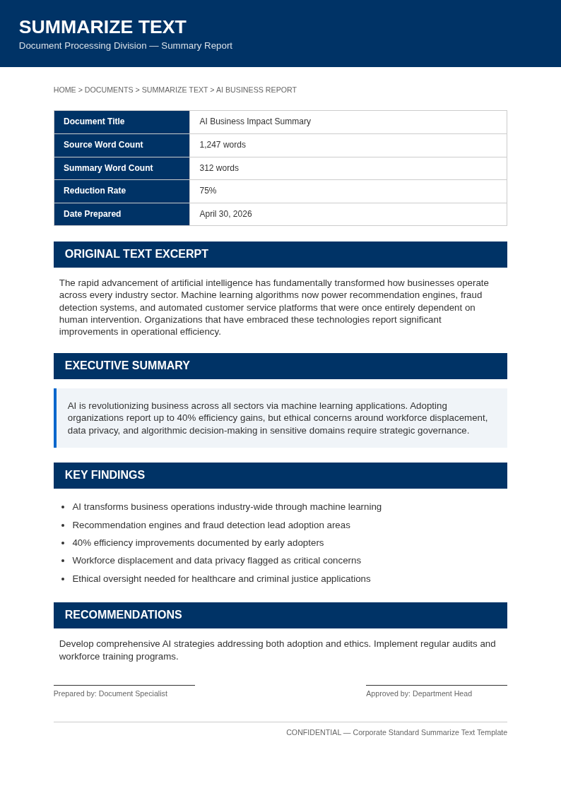 Corporate standard summarize text